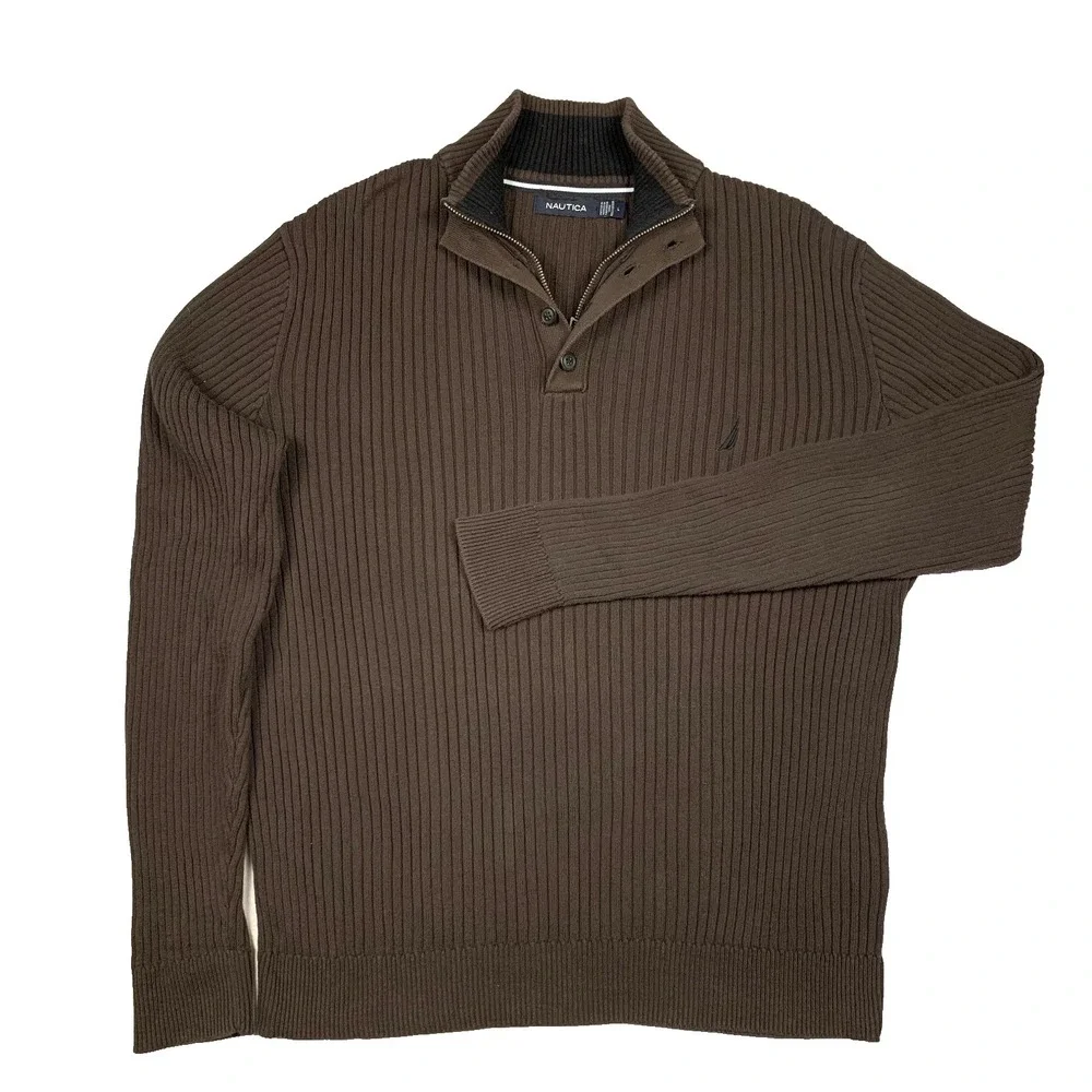 Nautica Sweater Mens‎ L Brown 1/4 Zip Rib Knit Cotton Pullover Casual